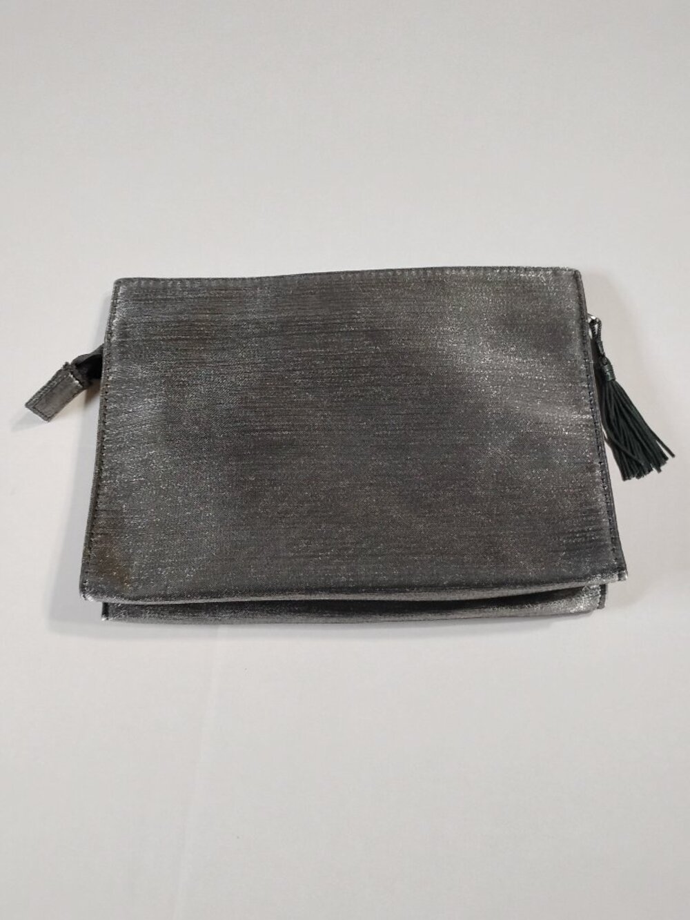 Metallic Silver Gray Zip Clutch Bag with Tassel Pull